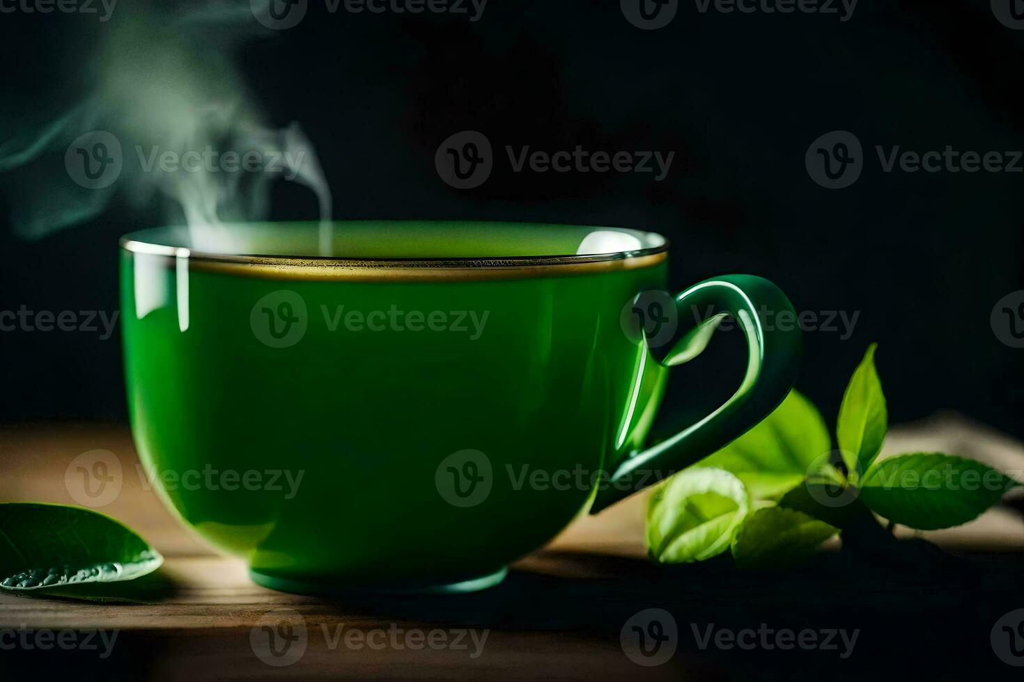 uma copo do verde chá com folhas em uma Sombrio fundo. gerado por IA foto