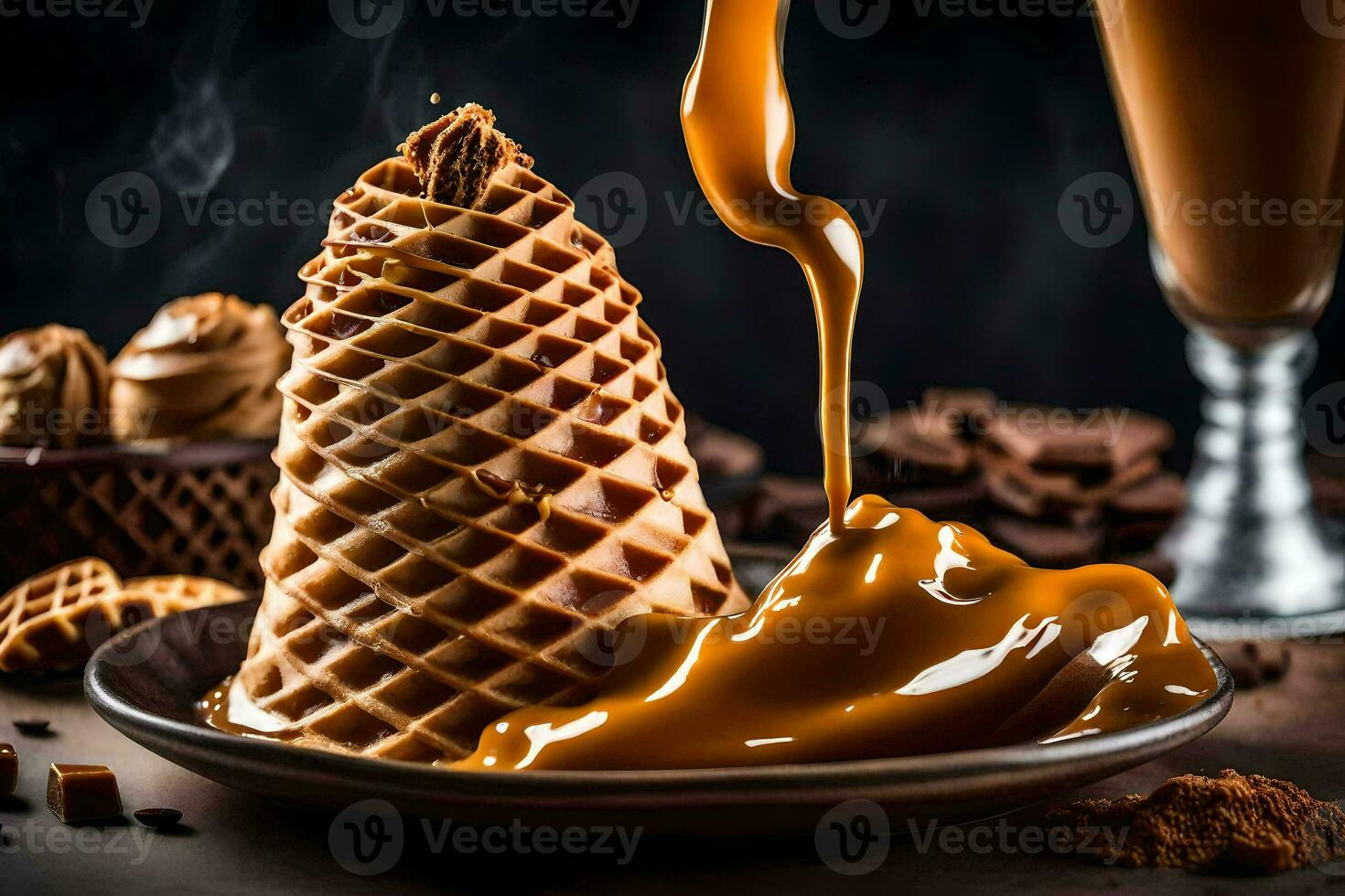 a caramelo é derramando para dentro a waffle cone. gerado por IA foto