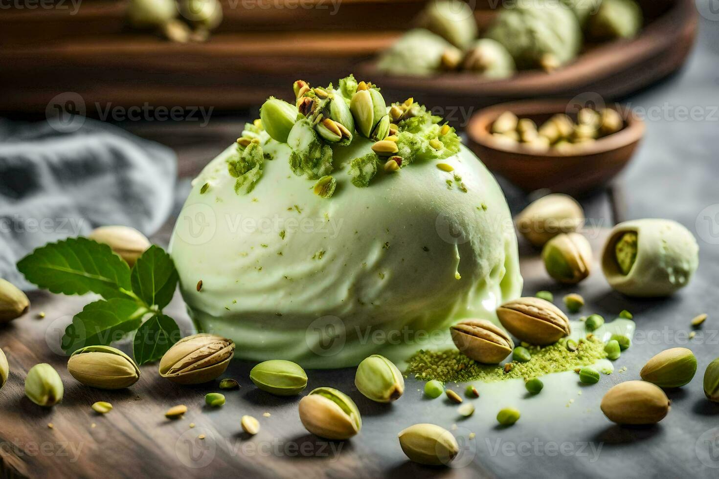 pistache gelo creme com pistachios e hortelã folhas. gerado por IA foto