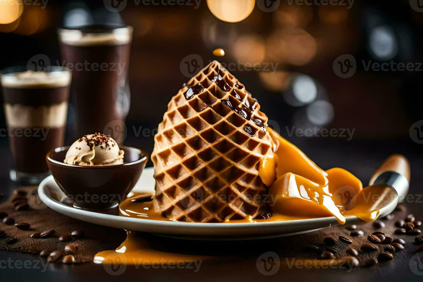 uma waffle com caramelo e café em uma placa. gerado por IA foto