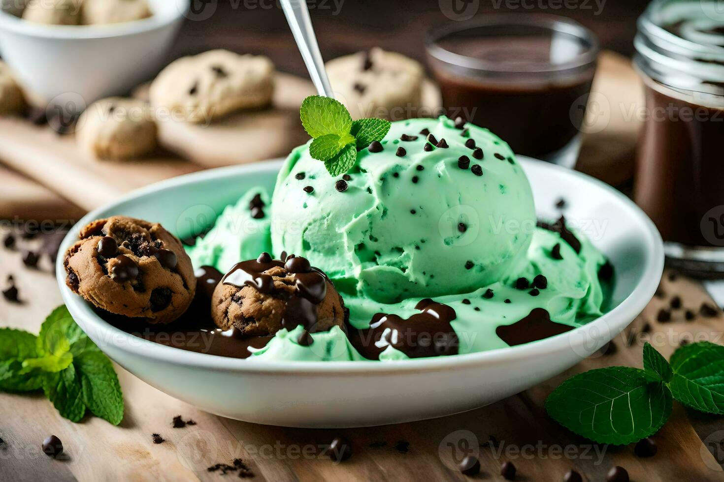 gelo creme com chocolate salgadinhos e hortelã folhas. gerado por IA foto