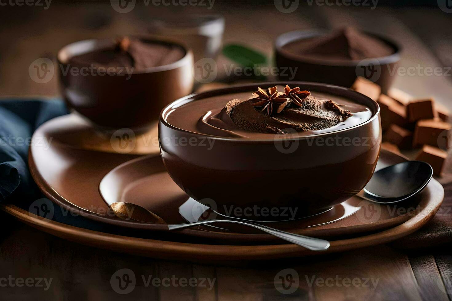 chocolate pudim dentro uma tigela. gerado por IA foto