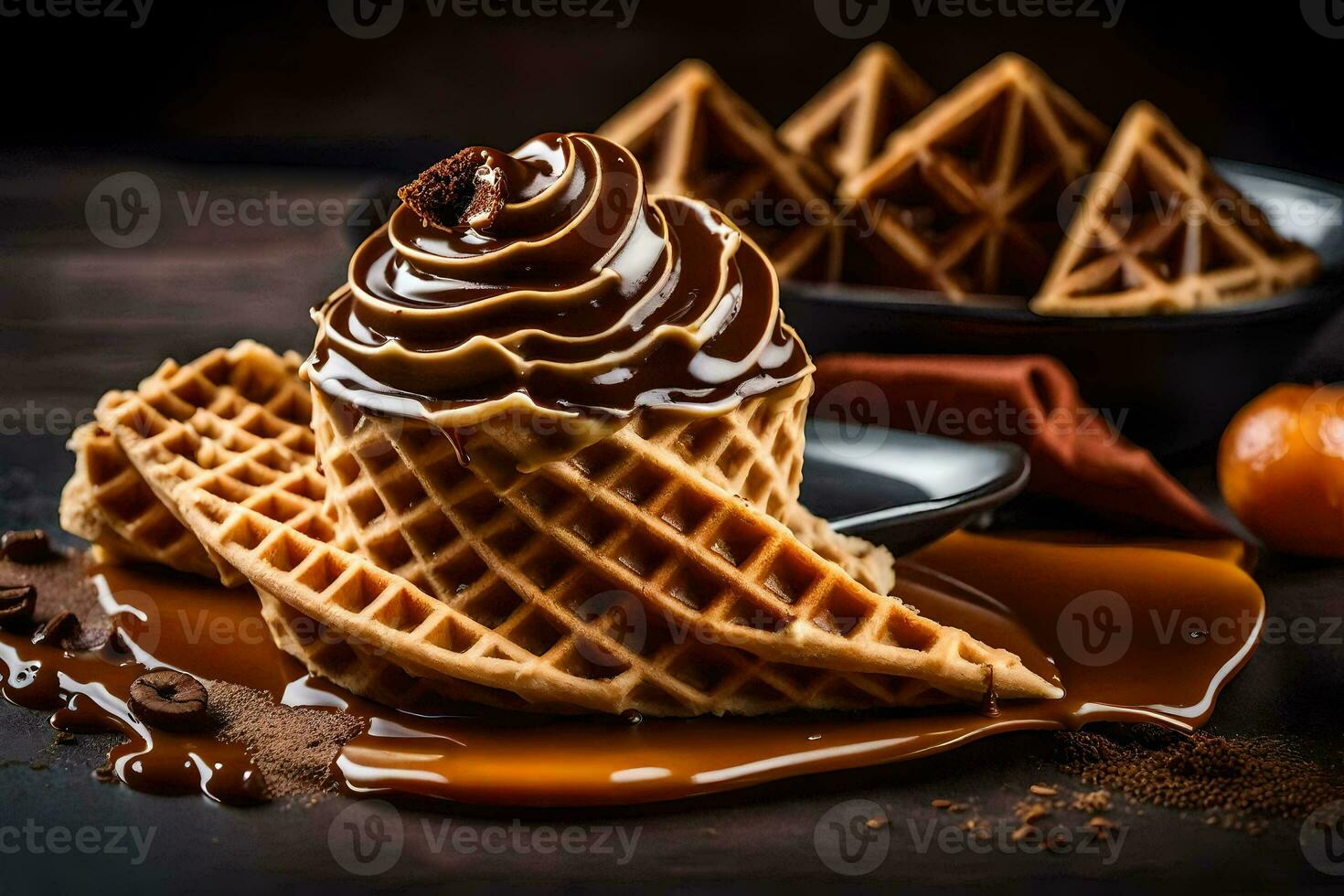 uma waffle com chocolate molho e caramelo em uma Sombrio fundo. gerado por IA foto