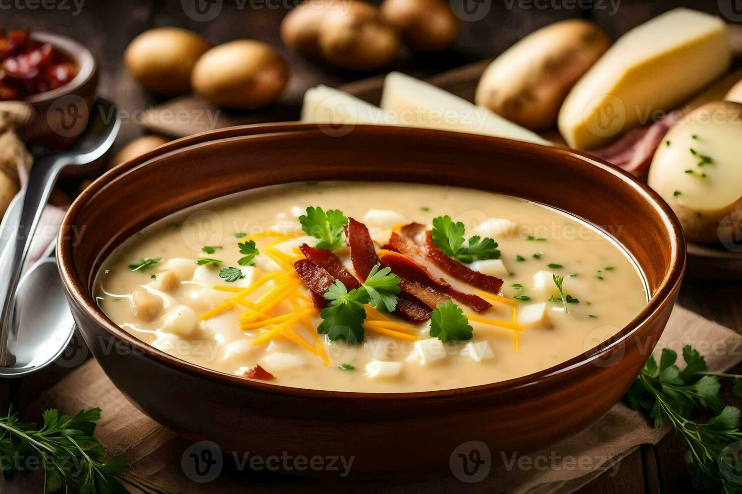 uma tigela do batata sopa com bacon, queijo e ervas. gerado por IA foto