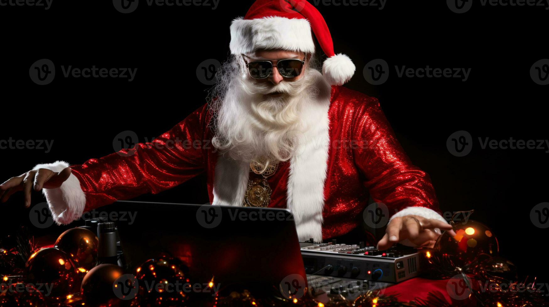 ai generativo legal santa com oculos de sol às a dj conjunto mistura console, fazer uma festa foto