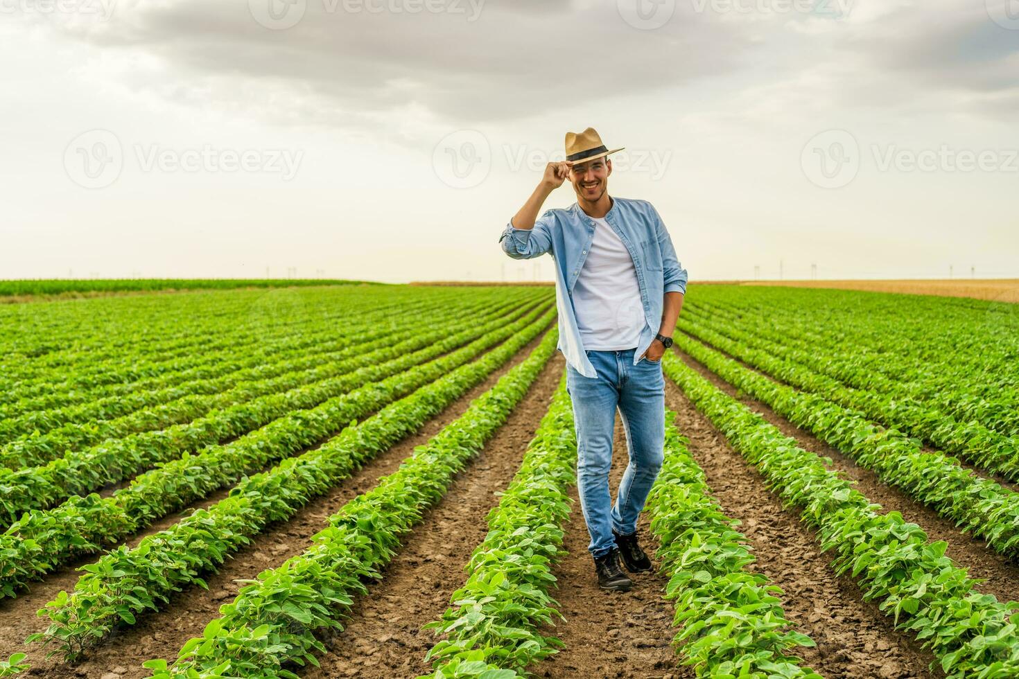feliz agricultor é em pé dentro dele crescendo soja campo foto