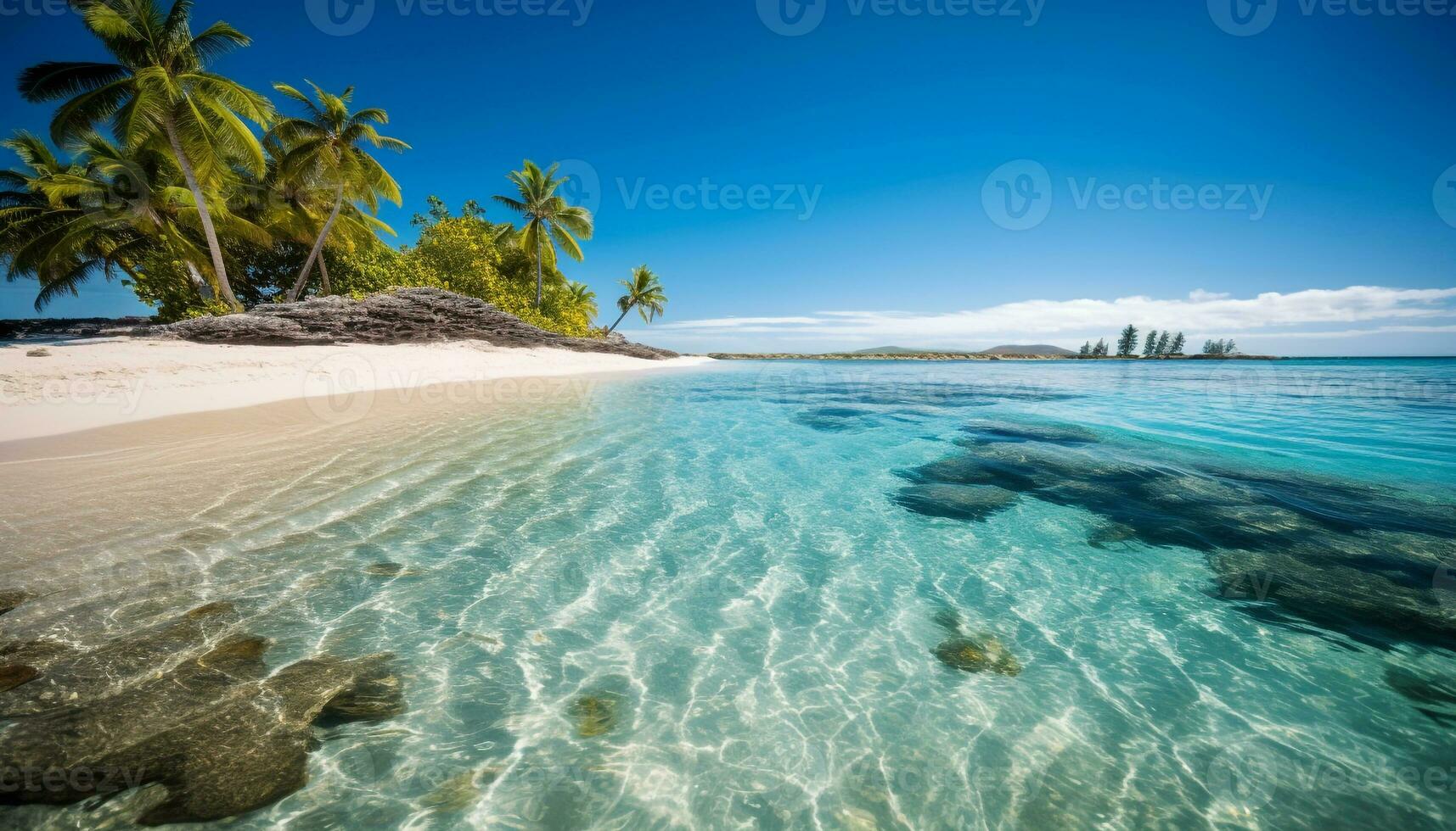 ai gerado pôr do sol sobre a tranquilo litoral, uma pitoresco tropical verão panorama gerado de ai foto