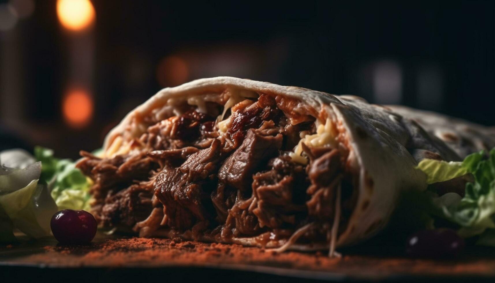 ai gerado uma gourmet mexicano refeição com grelhado carne, fresco vegetais, e molho gerado de ai foto