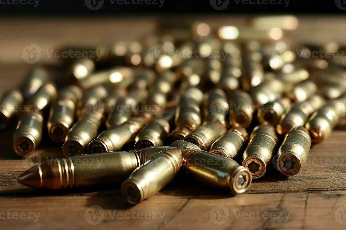 muitos metal balas em de madeira mesa. gerar ai foto