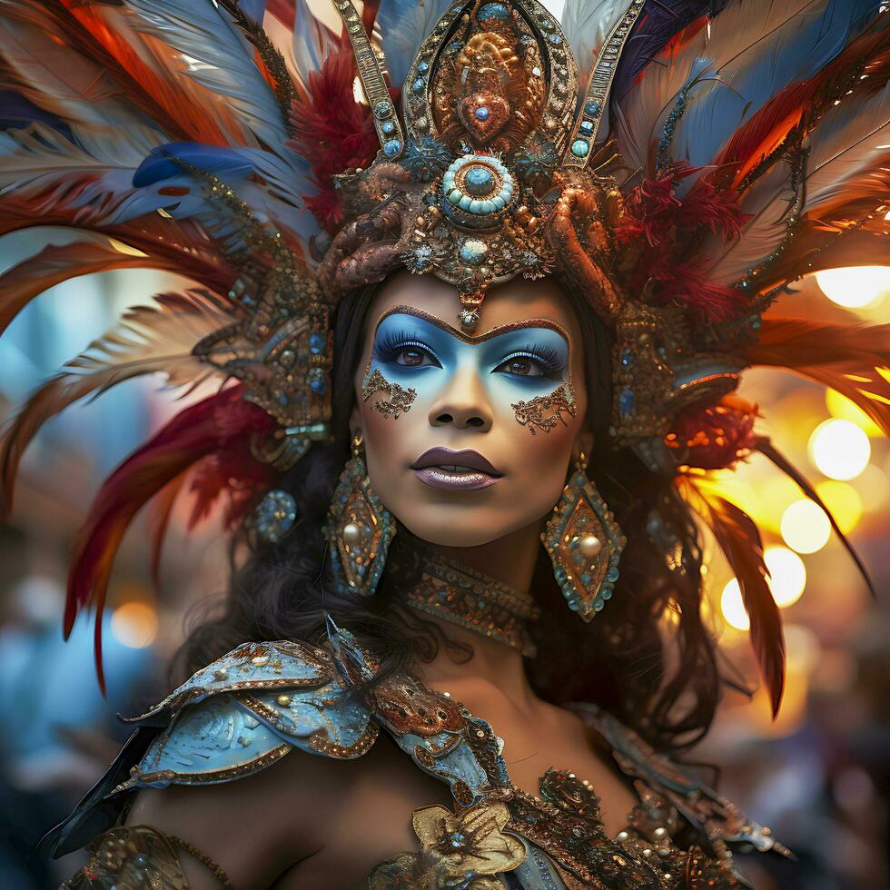 pessoas desfrutando rua carnaval festival, amigos rindo ao ar livre dentro figurinos. Nada Colina carnaval artista. ai gerado foto