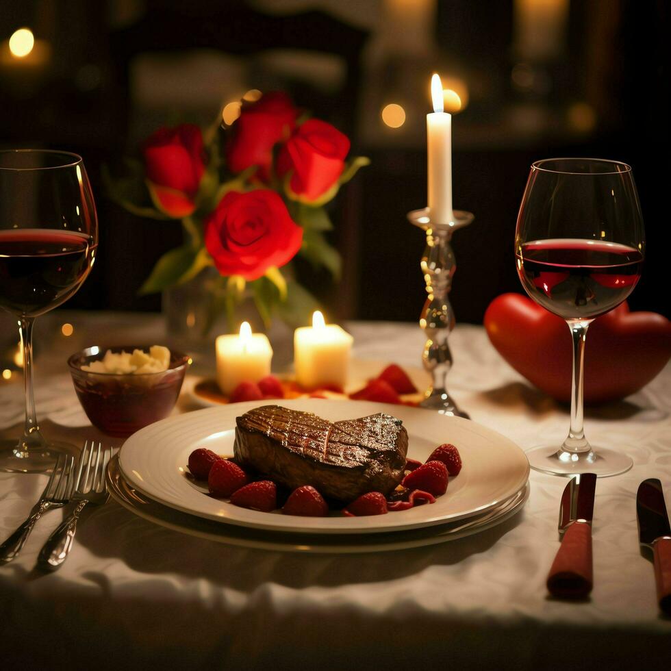 ai gerado mesa decorado para uma romântico jantar com dois champanhe copos, ramalhete do vermelho rosas ou vela conceito de ai gerado foto