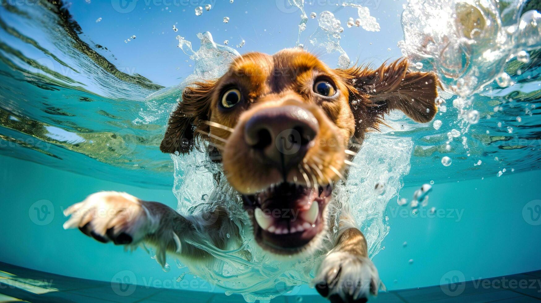 feliz cachorro natação embaixo da agua dentro natação piscina com salpicos do água. ai gerado foto