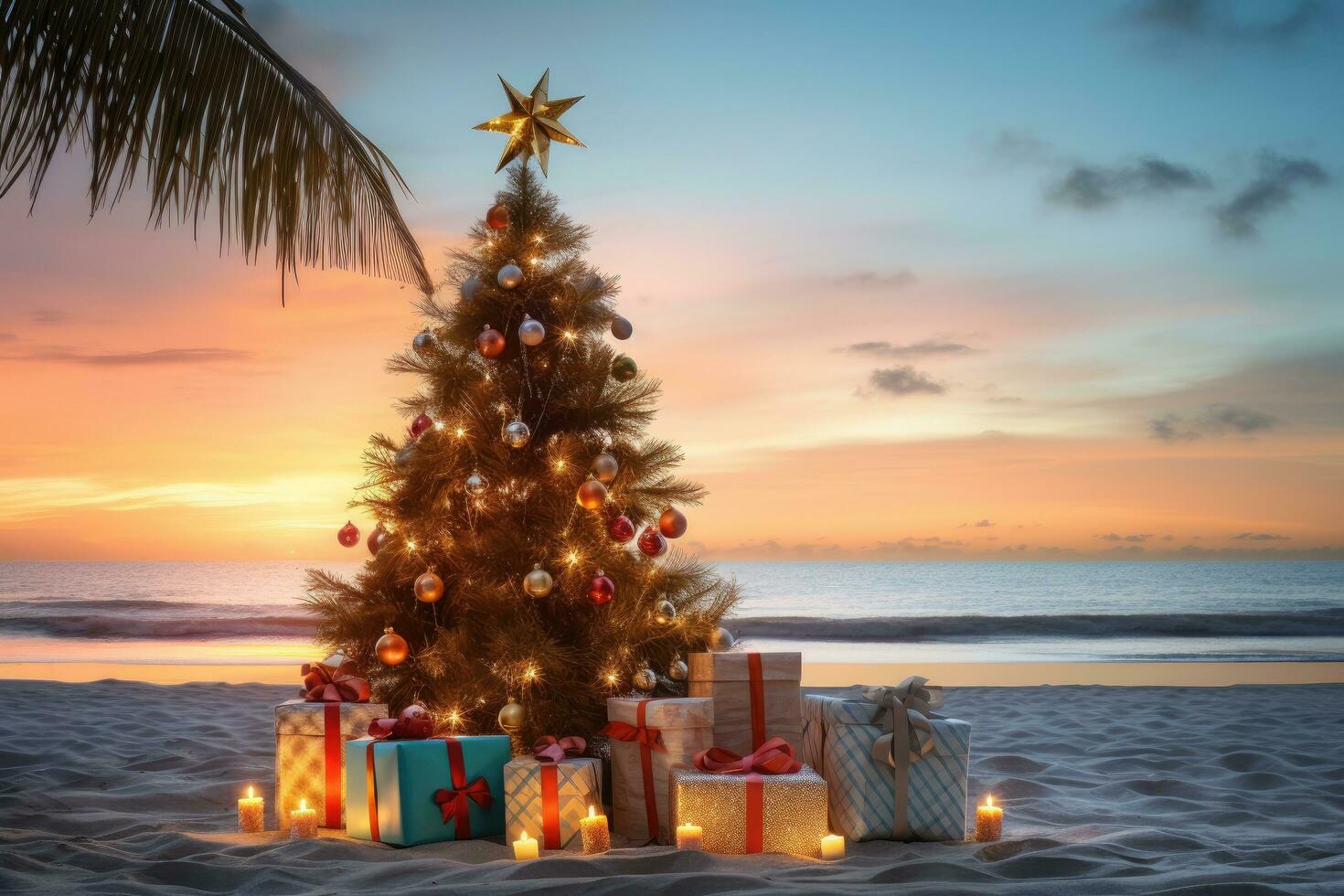 ai gerado Natal árvore com presentes em a de praia às pôr do sol. 3d renderizar, Natal árvore e presentes em a arenoso praia, ai gerado foto