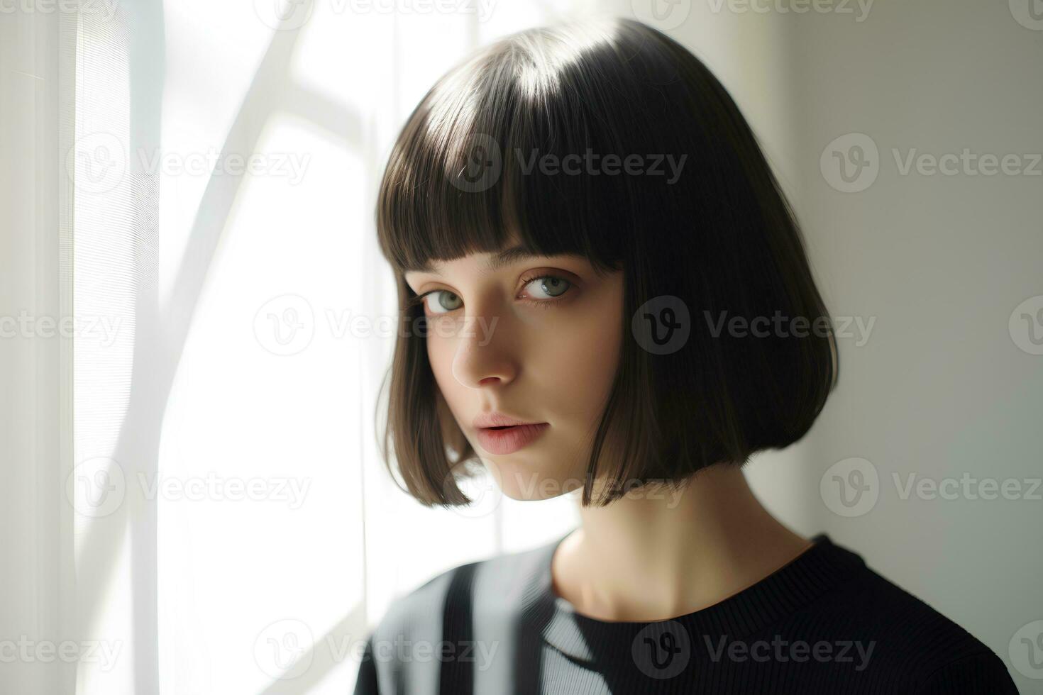 jovem mulher com curto prumo corte de cabelo em luz fundo. ai generativo foto