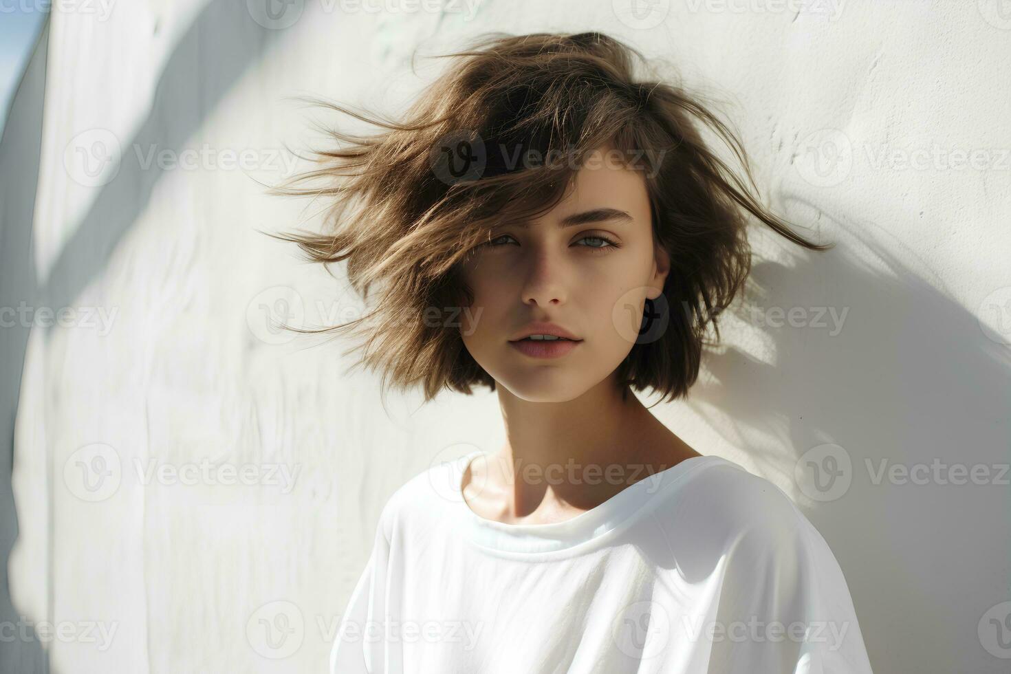 jovem mulher com curto prumo corte de cabelo em luz fundo. ai generativo foto