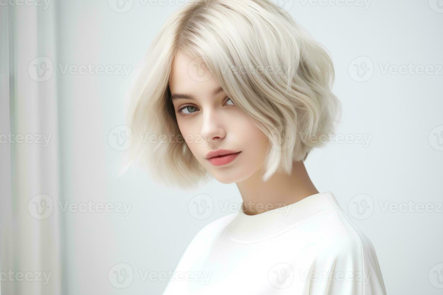 jovem mulher com curto prumo corte de cabelo em luz fundo. ai generativo foto