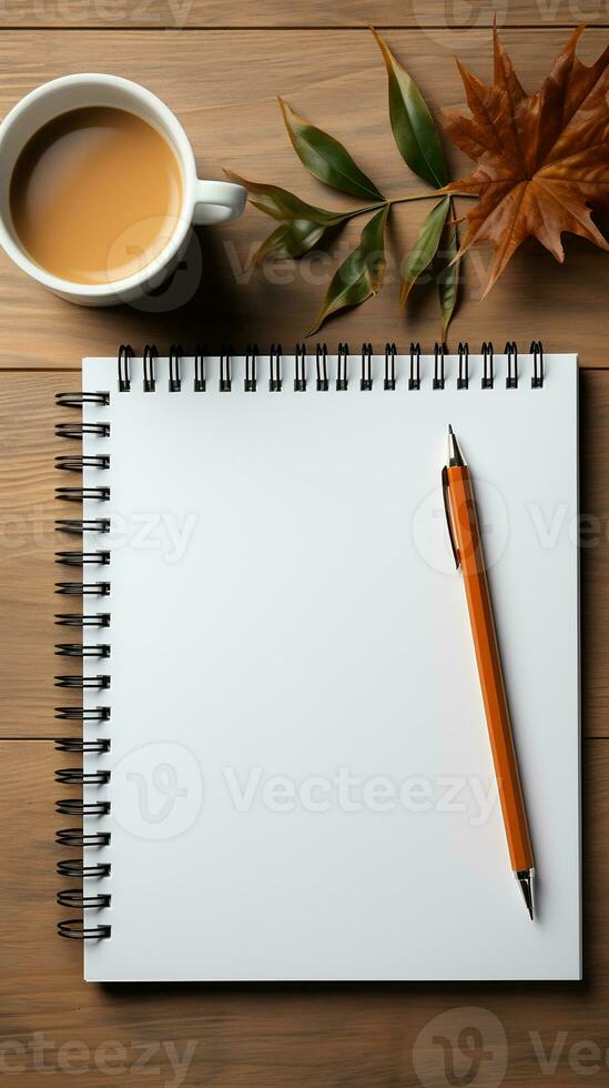 ai gerado topo Visão do em branco caderno, caneta, café copo luz fundo. criativo área de trabalho escritório. o negócio conceito. criada com generativo ai foto