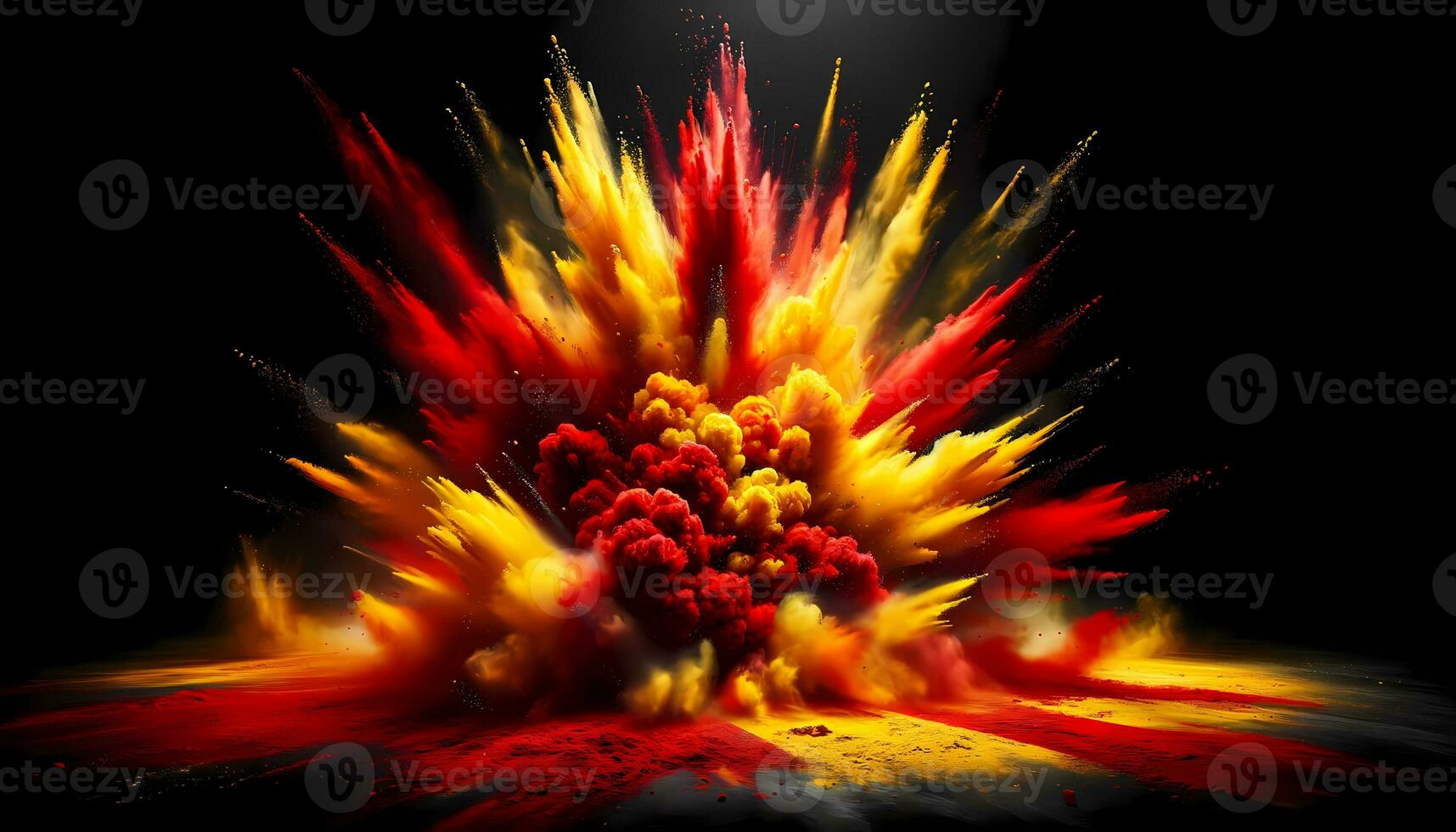 uma dinâmico e dramático explosão do vermelho e amarelo pó em uma Preto fundo. ai gerado foto