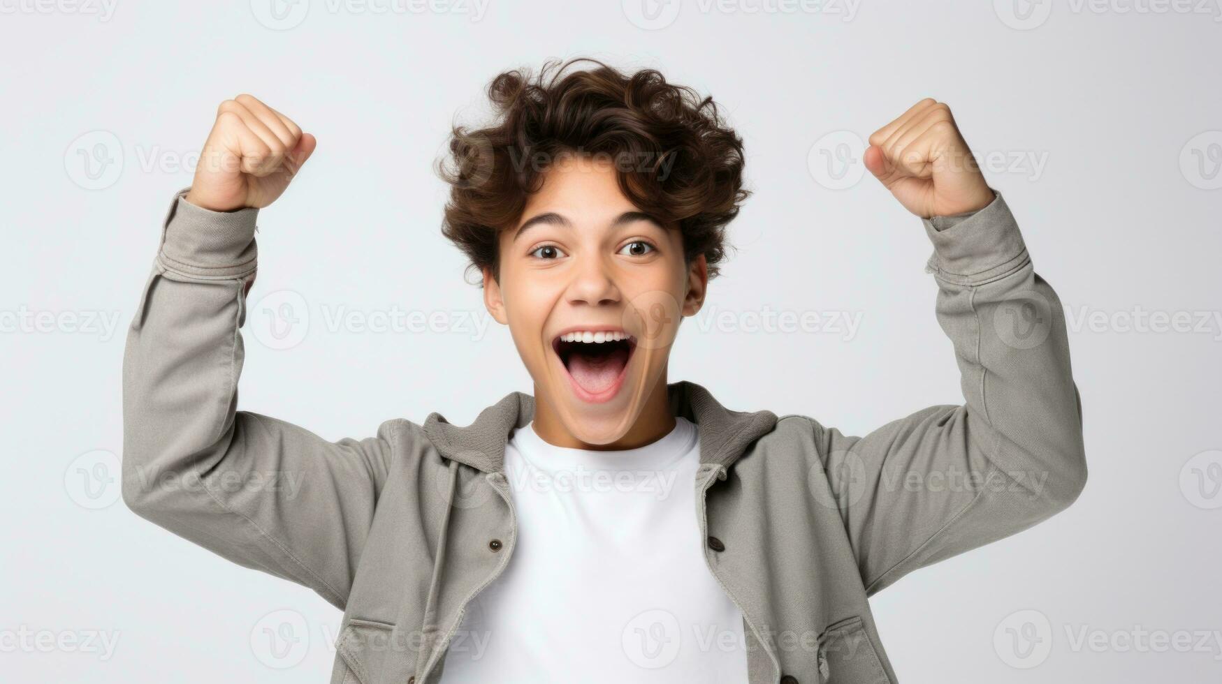 retrato do alegre jovem homem guardando mãos acima a comemorar realização isolado em branco fundo. generativo ai. foto