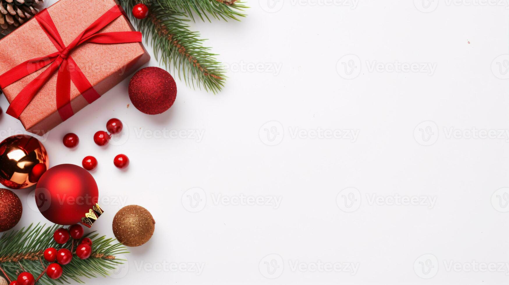 inspirado no natal plano deitar do presentes, abeto árvore galhos, e vermelho decorações em uma branco fundo, oferta a ideal pano de fundo para emblemático feriado instantâneos. foto