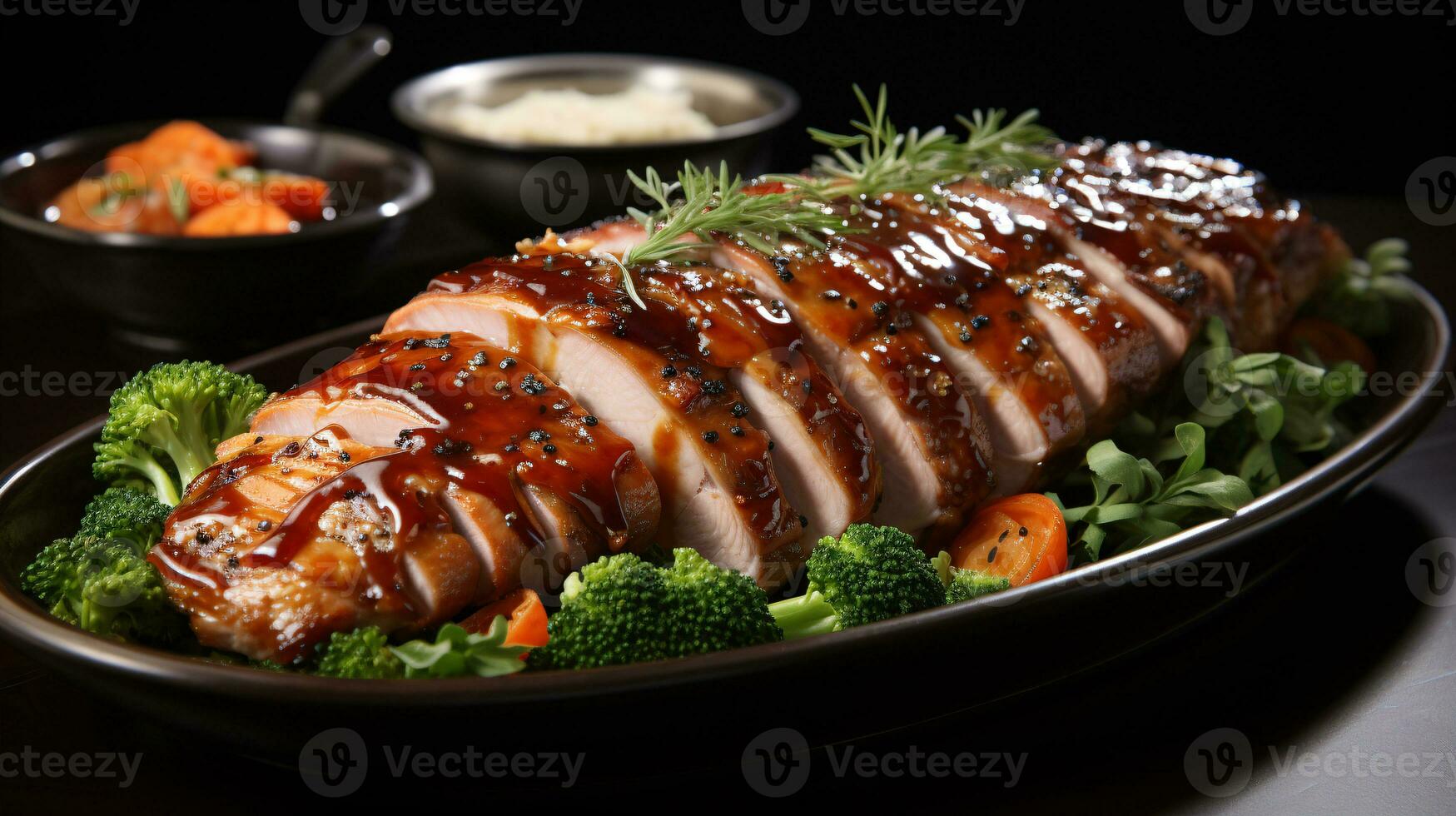 suculento assado carne de porco com molho e adorno isolado em escuro fundo. foto