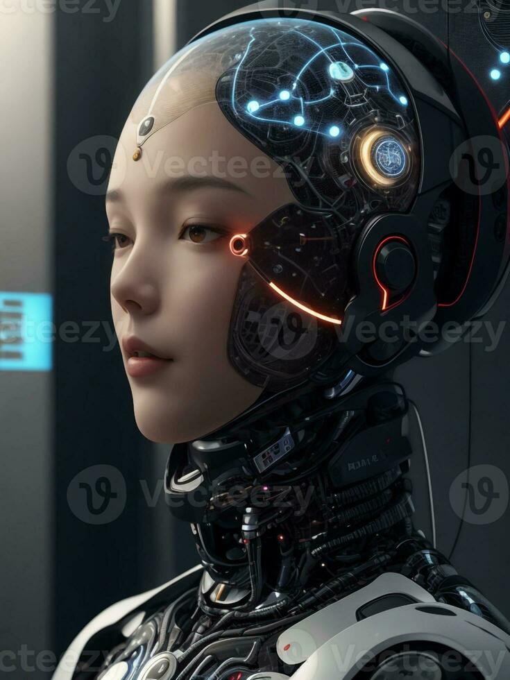 ai gerado ai ética mulher robô face Próximo geração foto