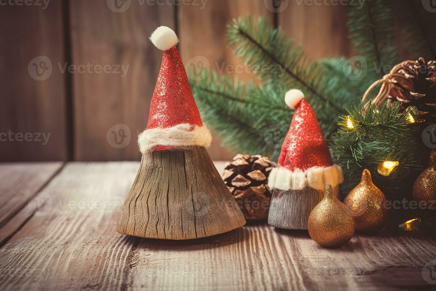ai gerado Natal decorações com de madeira gnomos e pinho cones foto