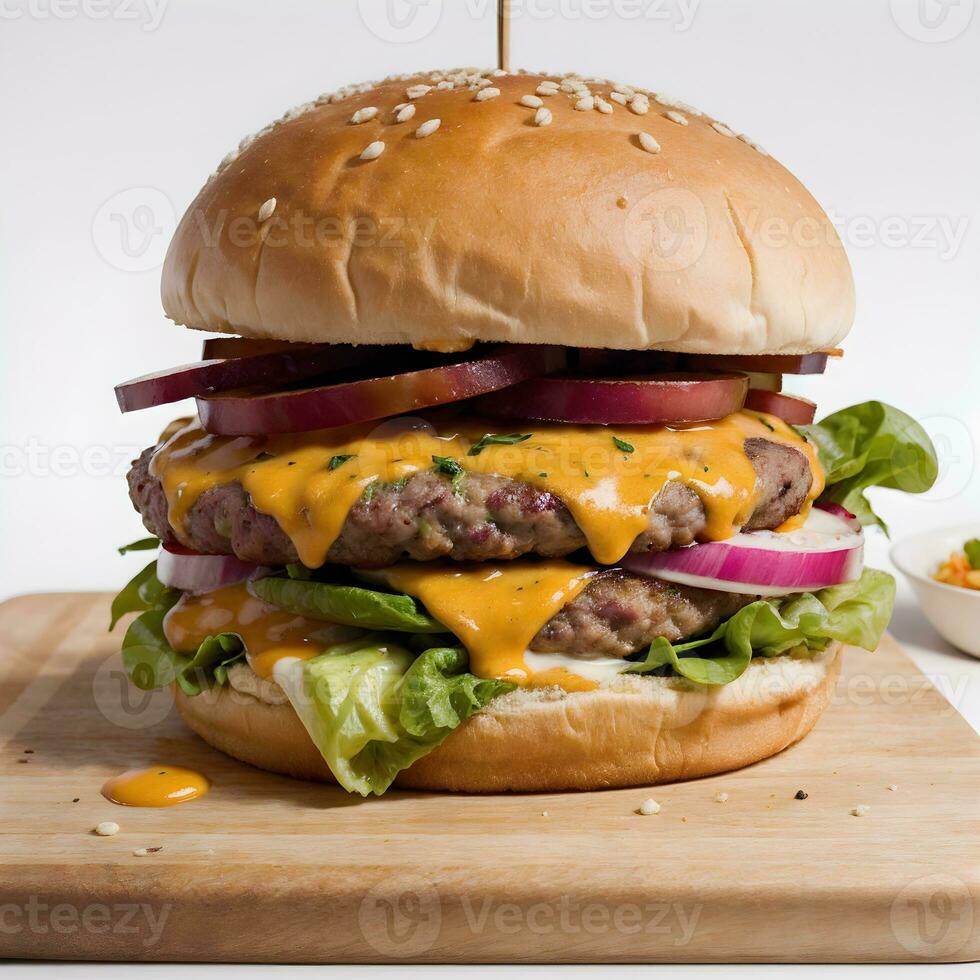 ai gerado queijo hamburguer com fritas dentro de madeira corte borda ai generativo foto