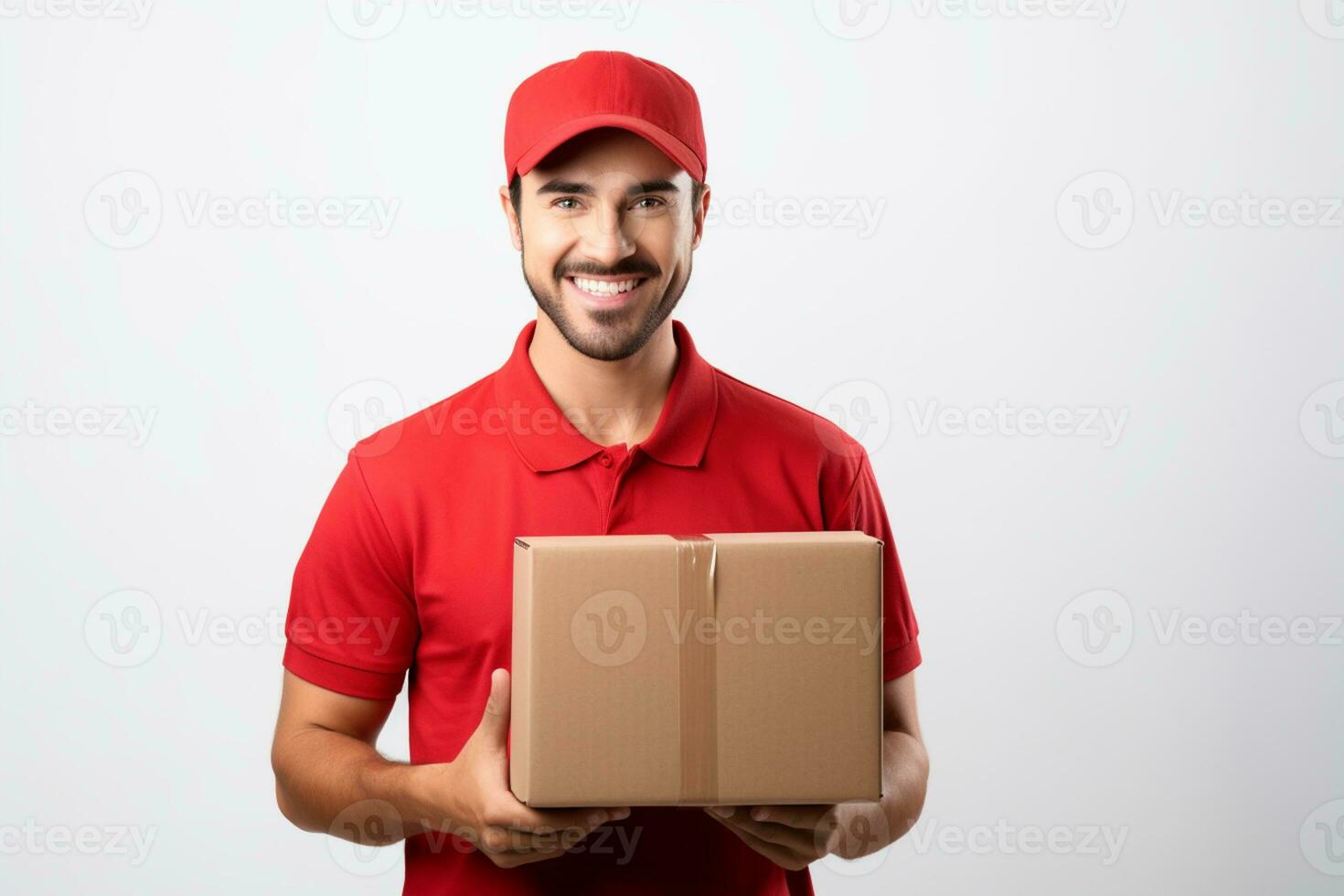 ai gerado Entrega homem dentro vermelho segurando cartão caixa isolado em uma branco fundo foto