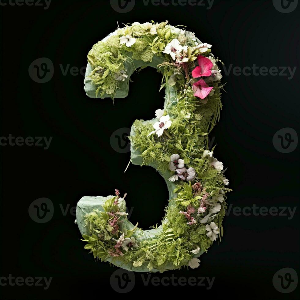 ai gerado a número três é fez do flores e folhas em uma Preto fundo foto