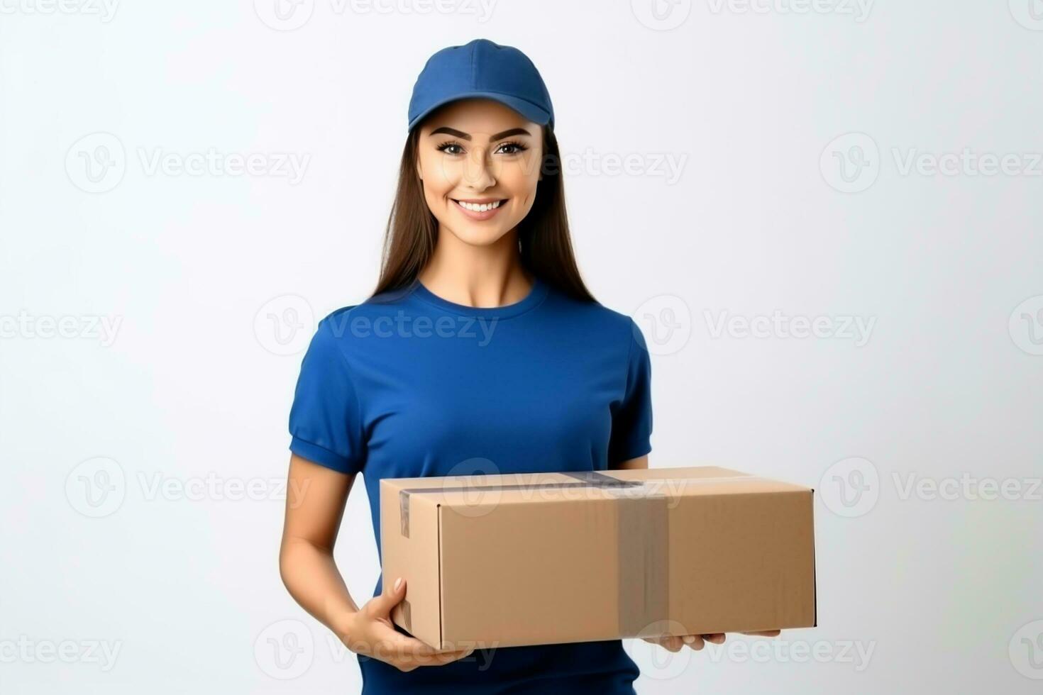 ai gerado uma sorridente mulher dentro azul camisa segurando uma cartão caixa. Entrega mulher entrega cartão caixa foto