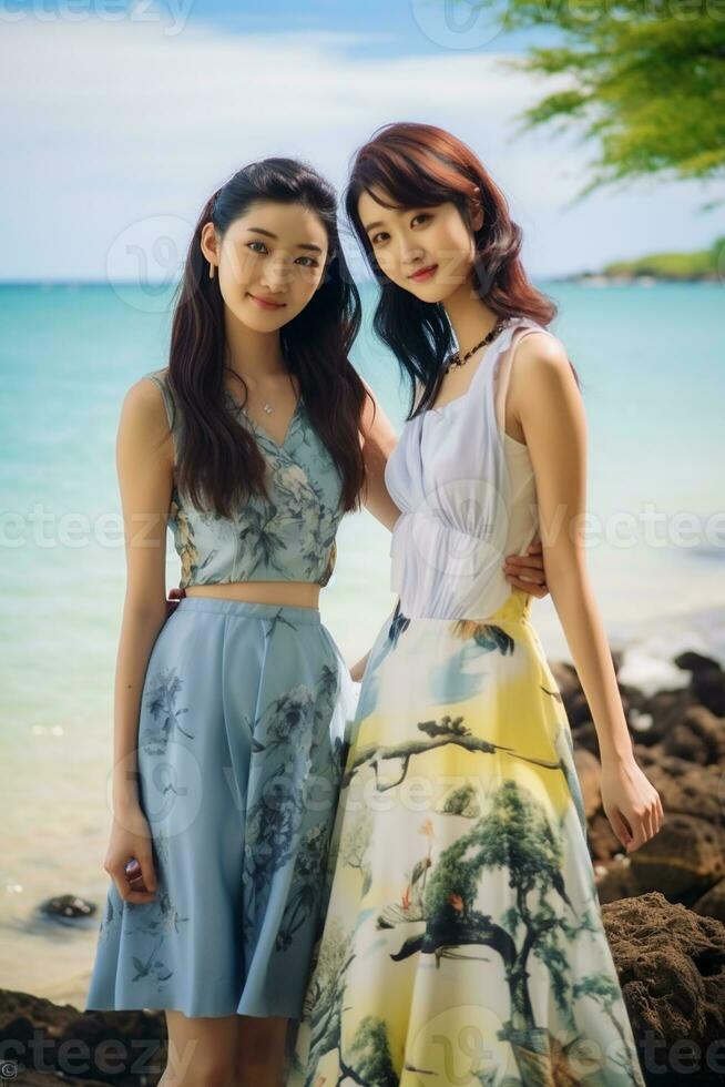 ai gerado dois japonês mulheres dentro vestidos em pé em a de praia foto