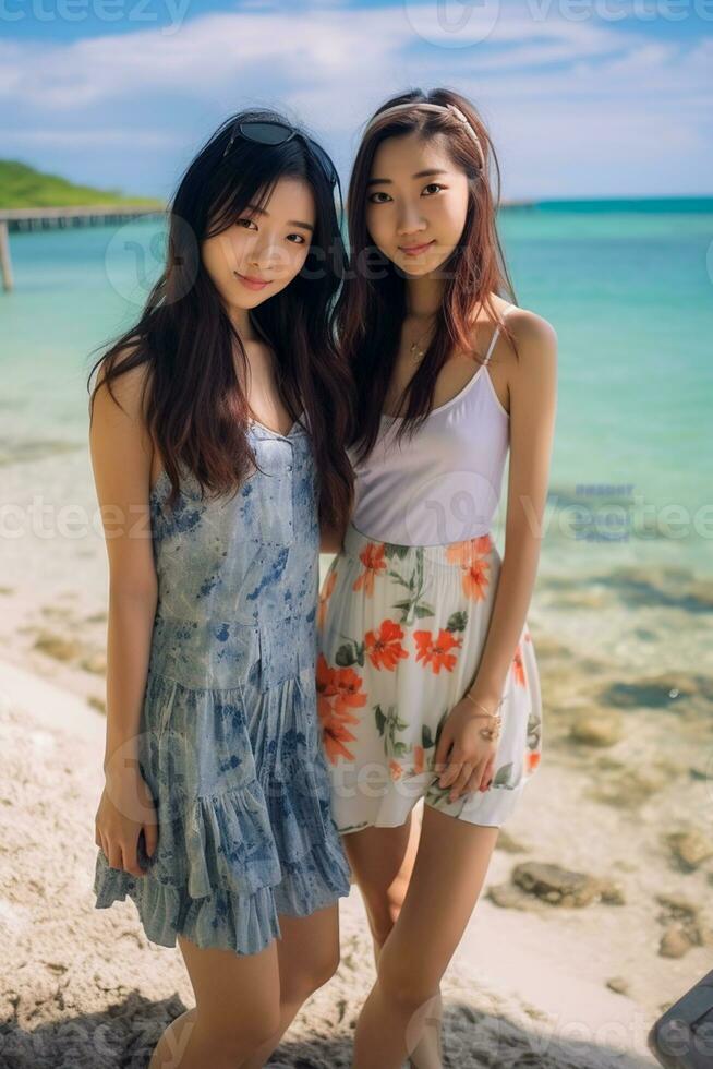 ai gerado dois japonês mulheres dentro vestidos em pé em a de praia foto