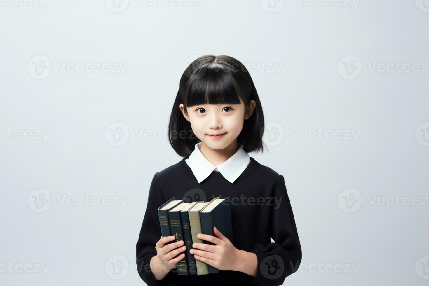 ai gerado uma pequeno menina dentro escola uniforme segurando uma livro foto