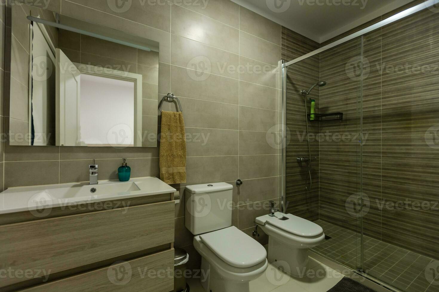 espaçoso banheiro dentro cinzento tons com aquecido pisos, entrar banho, Duplo Pia vaidade. foto