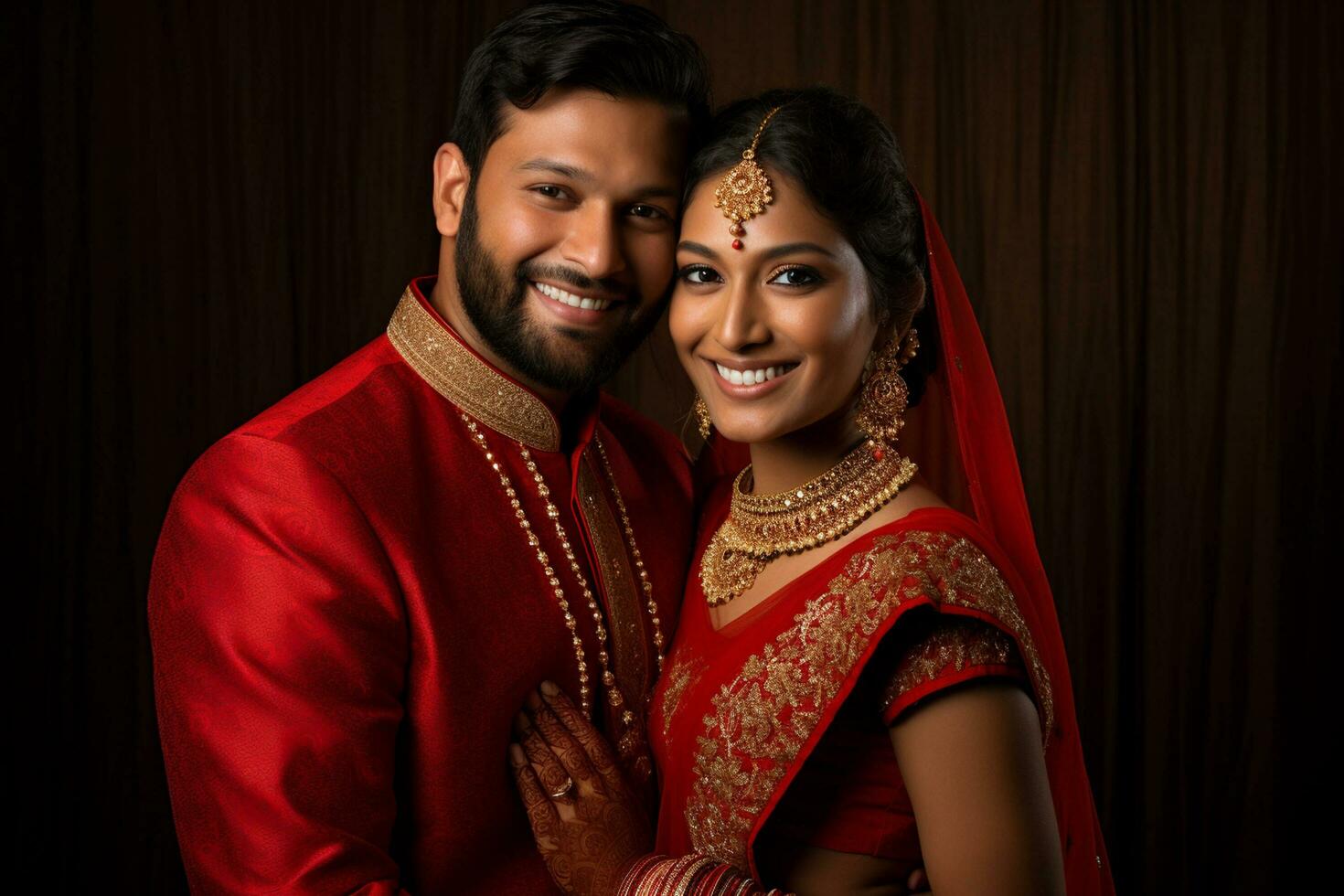 ai gerado uma indiano noivo vestindo tradicional noivo equipamento sorridente às a Câmera bokeh estilo fundo foto