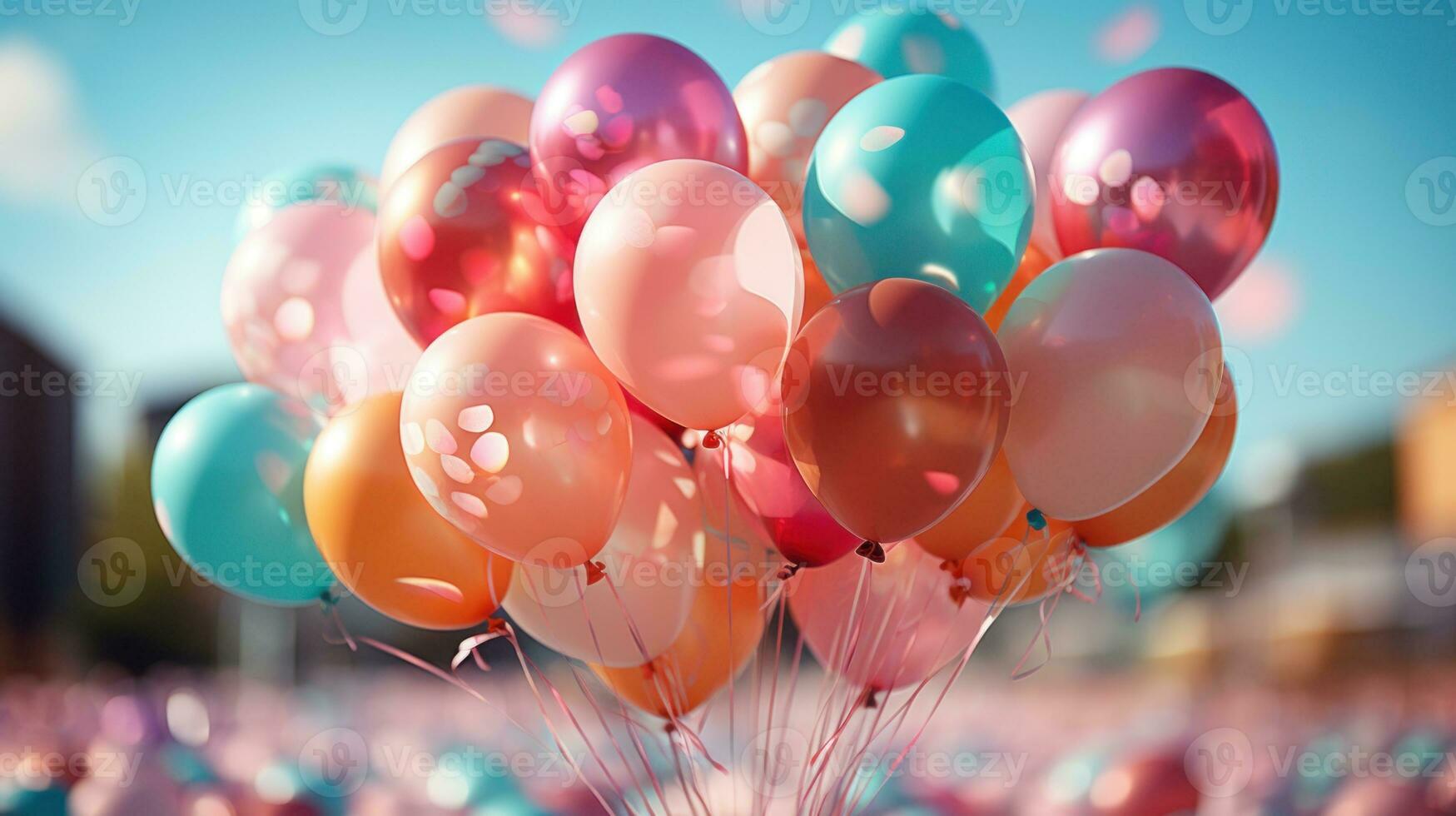alegre festividade - colorida balão celebração dentro a azul céu. ai generativo foto