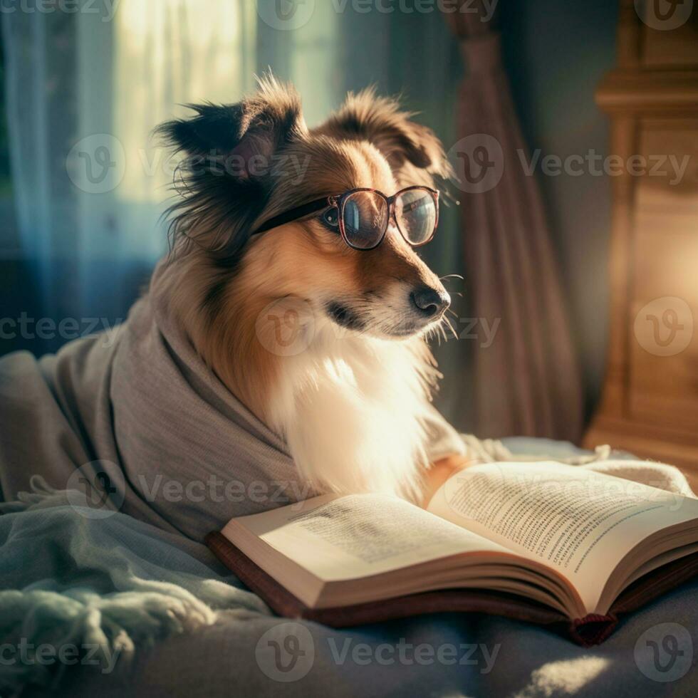 foto do uma fofa cachorro com óculos lendo uma livro ai generativo