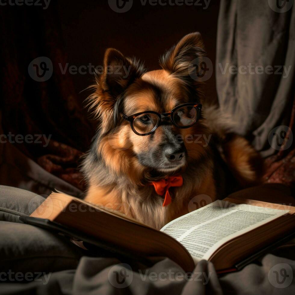 foto do uma fofa cachorro com óculos lendo uma livro ai generativo