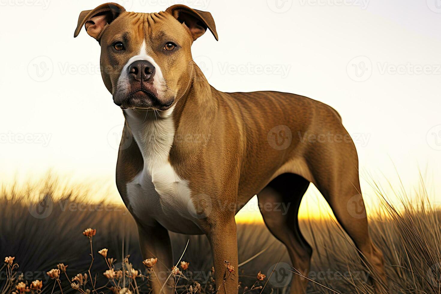 ai gerado retrato do americano Staffordshire terrier em fundo do natureza, fechar acima foto.. ai arte foto