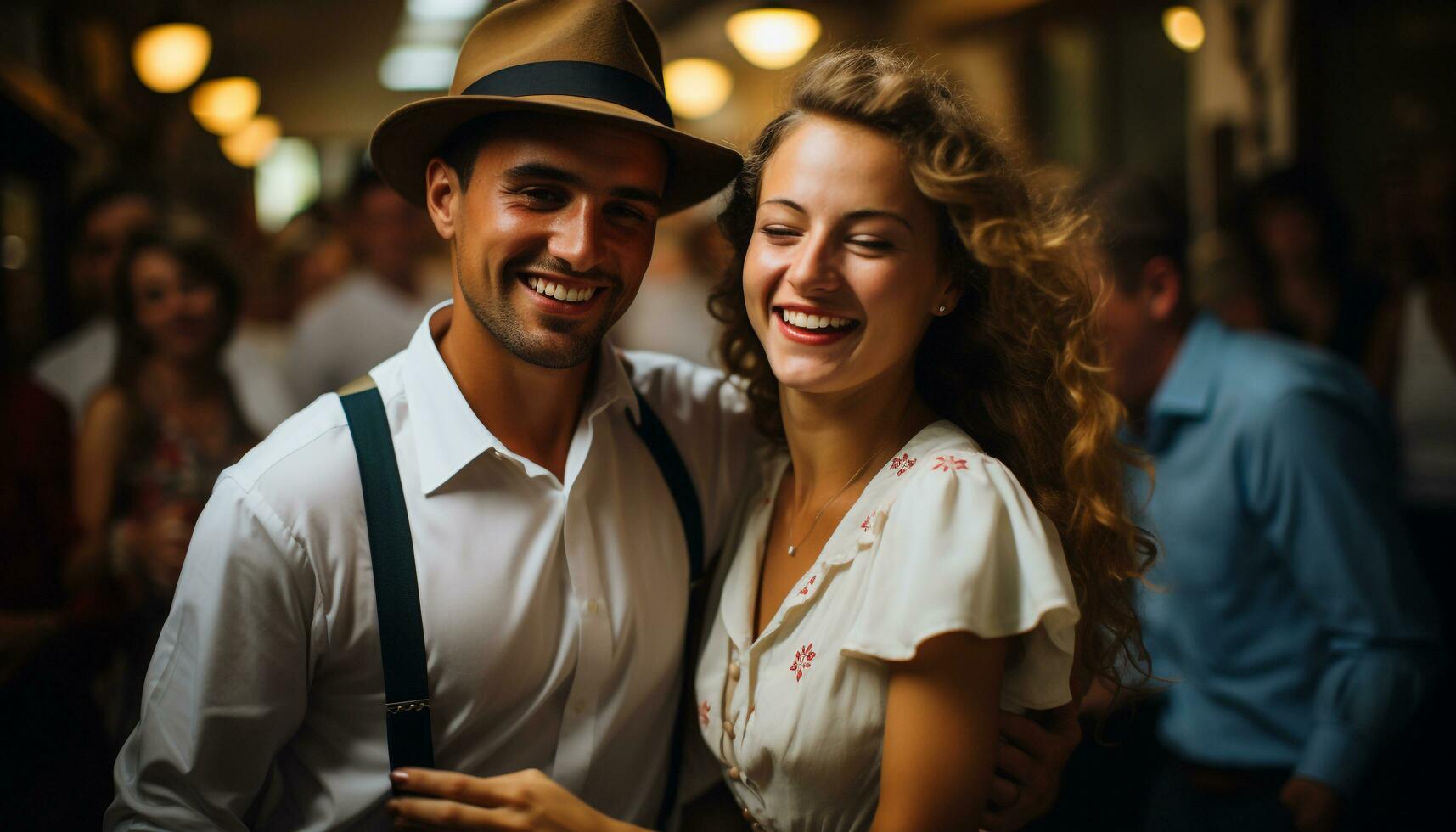 ai gerado sorridente homem, iluminado cidade, confiante, desfrutando vida noturna, olhando às Câmera gerado de ai foto