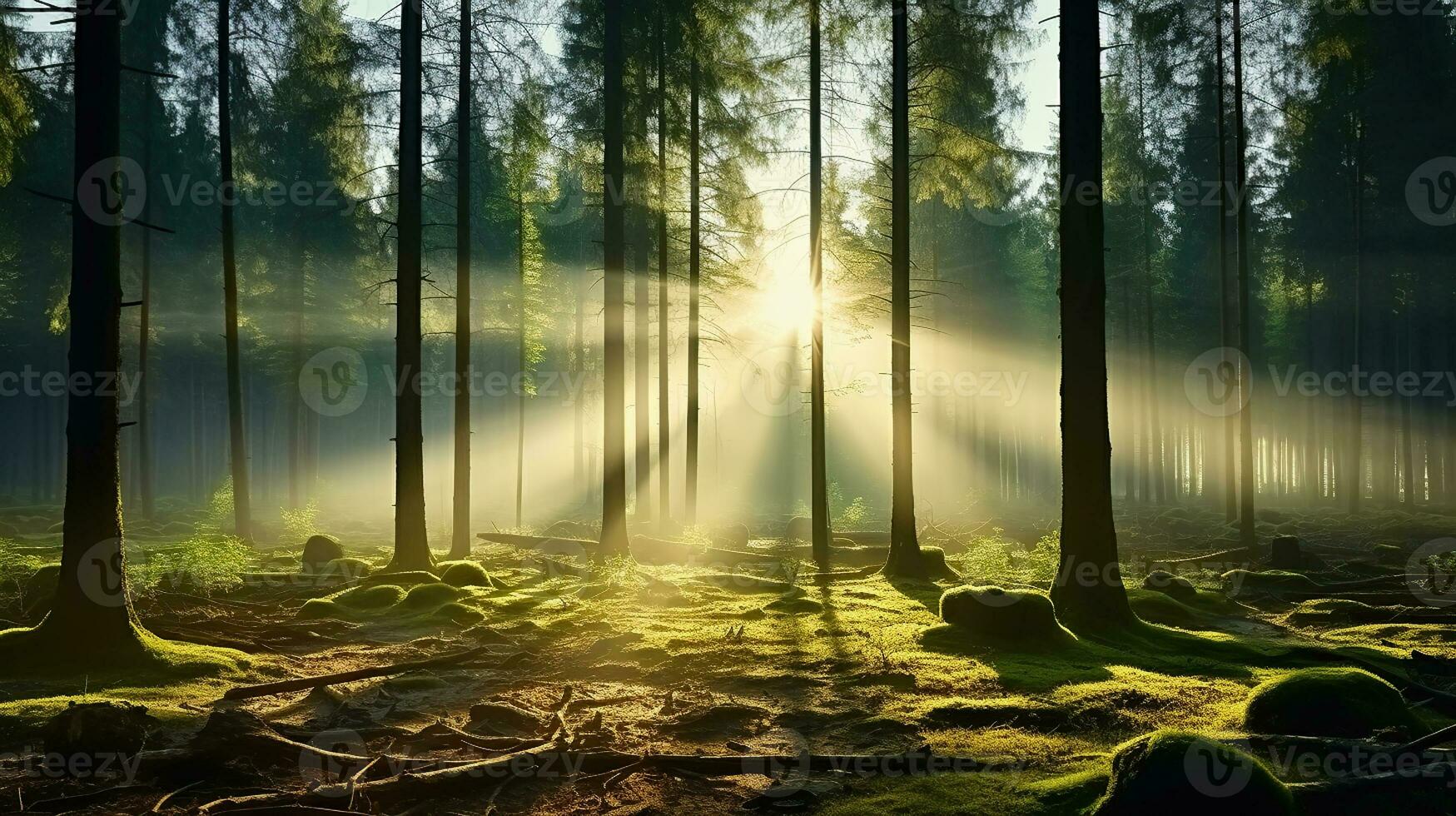 nebuloso manhã entre a envelhecido árvores do a floresta. generativo ai foto