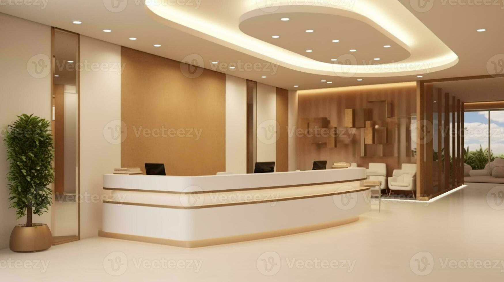 spa ou beleza clínica recepção. luxo elegância lobby ou frente escrivaninha interior Projeto com cadastro contador, esperando assentos, corredor, luxo teto com luzes e decoração. generativo ai foto