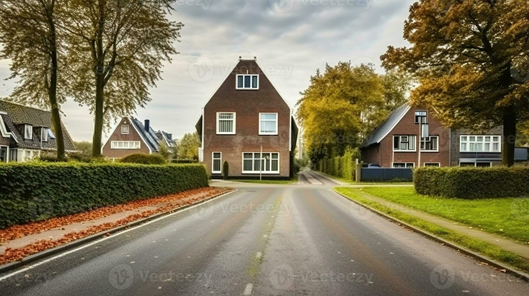 asfalto estrada contra habitação construção exteriores e prados com árvores dentro utrecht Holanda. generativo ai foto