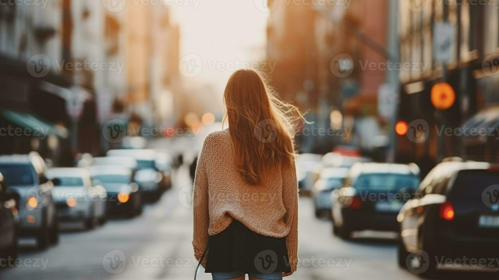 traseiro Visão do jovem mulher passeando em cidade rua. generativo ai foto