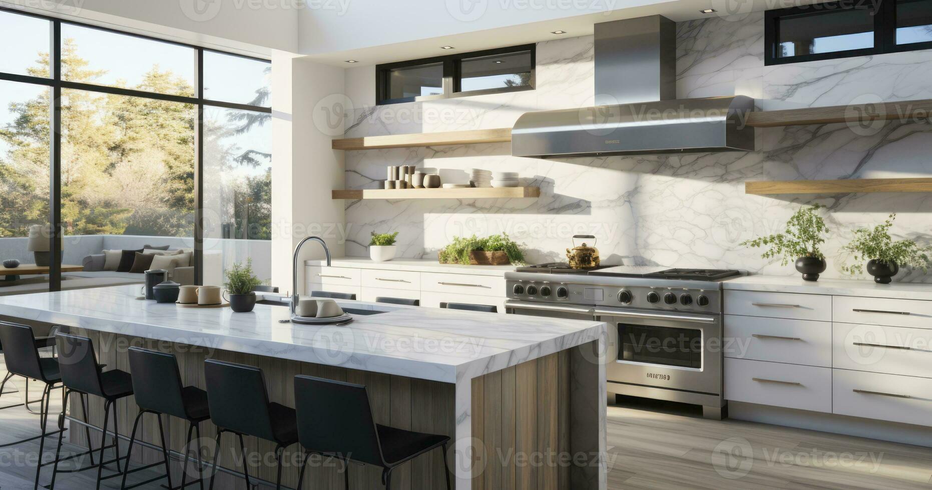 uma moderno cozinha sinfonia do branco armários e mármore graça. generativo ai foto