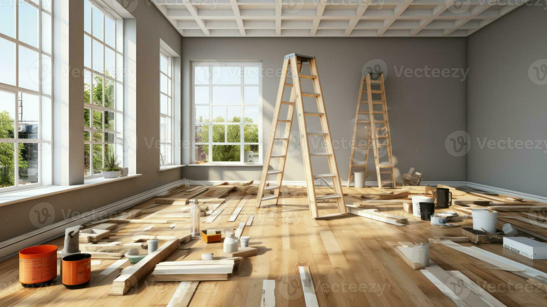 renovação dentro a casa - escovas, baldes, e a nascimento do uma Novo parquet chão. generativo ai foto