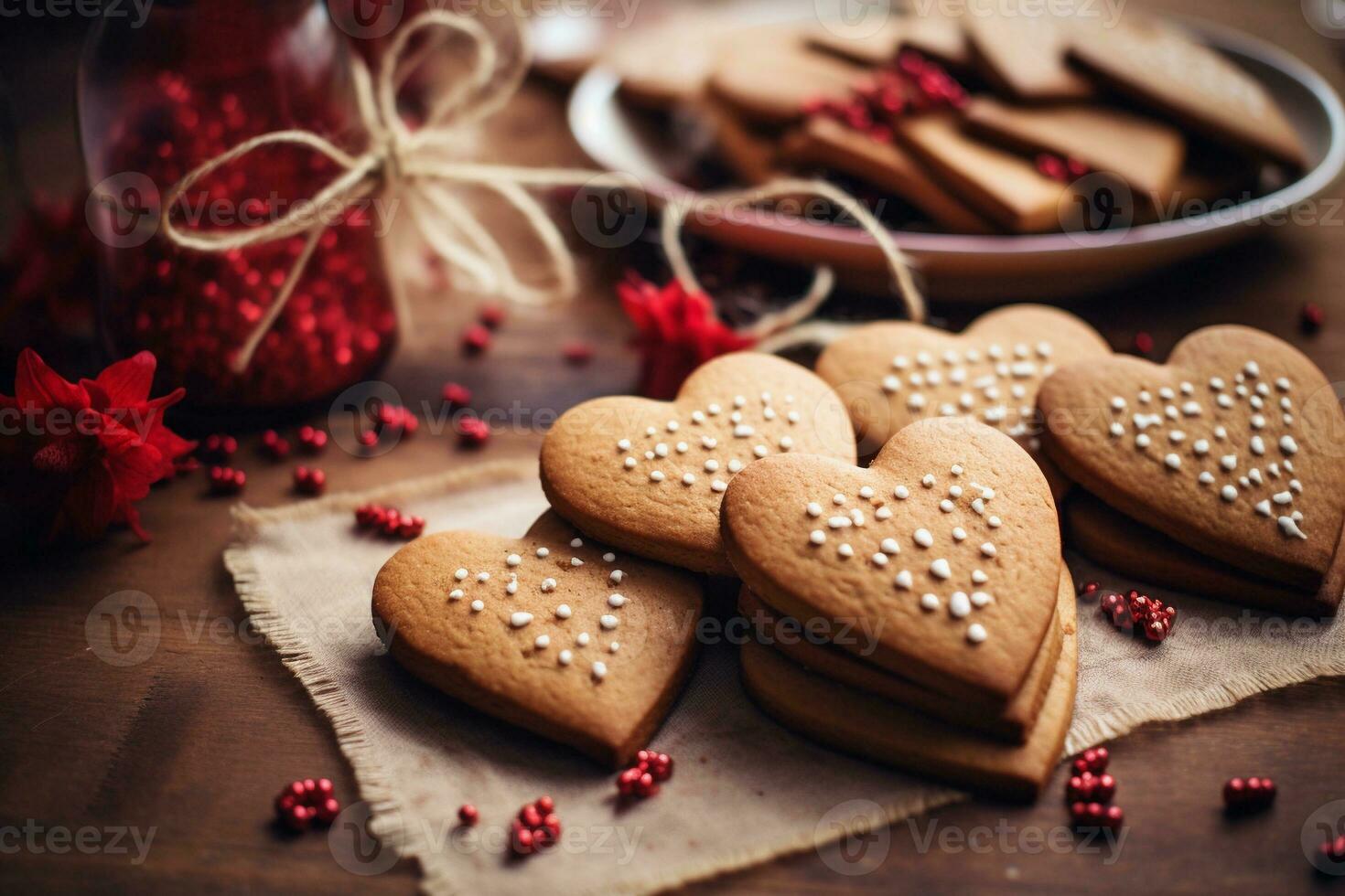 ai gerado caseiro coração em forma biscoitos em a mesa, fechar acima visualizar. dia dos namorados dia celebração. ai gerado. foto