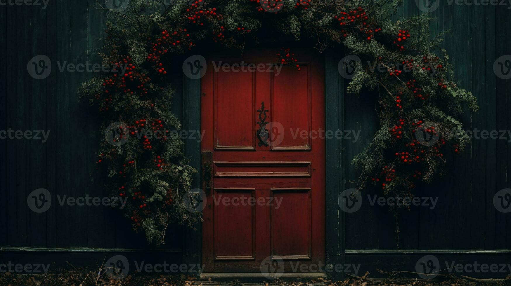 ai gerado generativo ai, frente porta com Natal decoração, guirlanda e festão, silenciado cores, chalé rústico porta foto