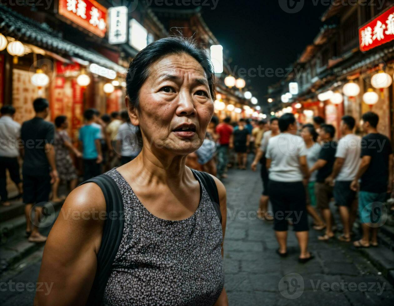 foto do Senior velho mulher com Bravo humor dentro China local rua mercado às noite, generativo ai